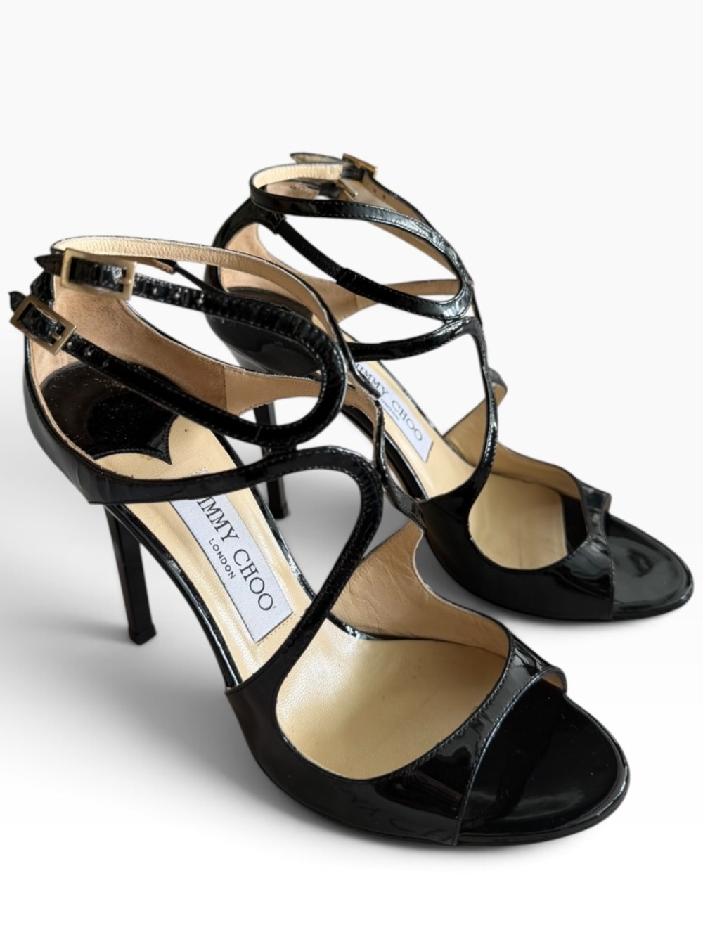 Jimmy Choo Lang 100 Black Patent Leather Strappy Heels Size 37